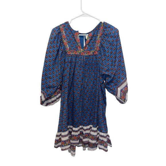 Cleobella Blue  Floral Print Mini Dress 3/4 Sleeves - Size S Boho - Picture 2 of 11